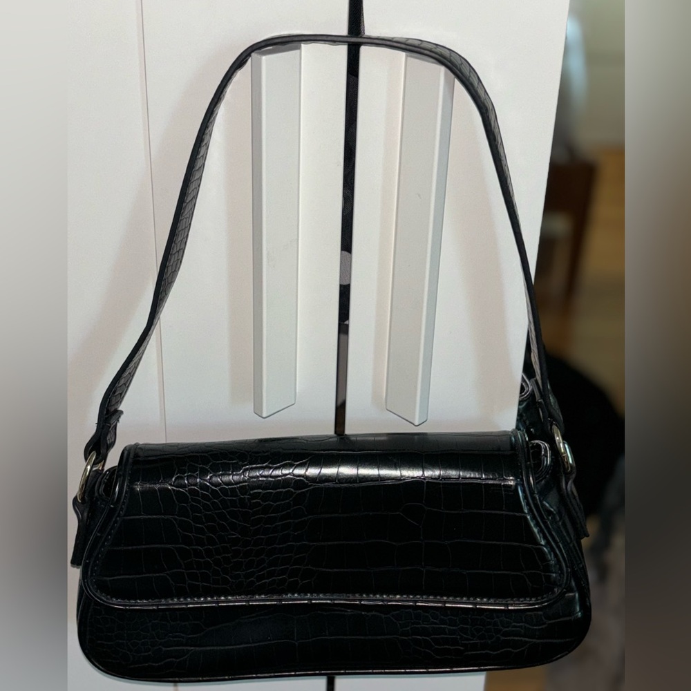 Black Crocodile-Embossed Shoulder Bag